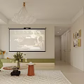 Modern Living and Dining Room Interior With Light Sofa Chandelier Decorative Paintings And Green Plants