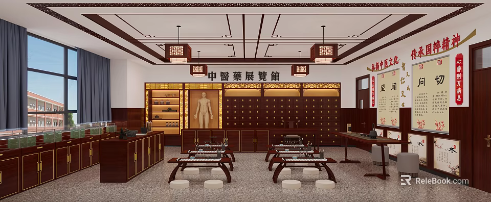 Traditional Chinese Medicine Exhibition Hall Interior With Wooden Cabinets And Meridians Figure 3d model 