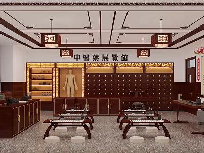 Traditional Chinese Medicine Exhibition Hall Interior With Wooden Cabinets And Meridians Figure 3d model