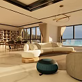 Modern Living And Dining Room Interior With Curved Sofa Round Rug And Bookshelves
