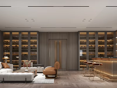 Elegant Reception Room Interior Design With Wooden Wine Racks Sofa Chairs And Bar Counter 3d model