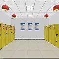 Interior Featuring Yellow Lockers Blue Signs Red Lanterns And Self Service Machine Arranged