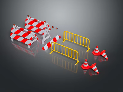 Reflective Road Safety Equipment Featuring Red White Barriers Yellow Fences And Traffic Cones 3d model