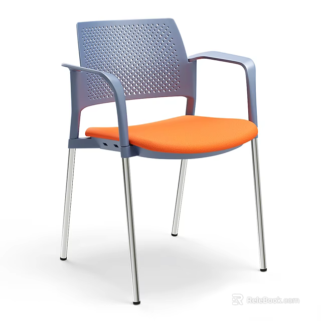 Modern Dining Chair With Gray Perforated Backrest Orange Seat And Metal Legs 3d model 