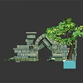Cartoon Scene With Green Tree Stone Structures Small Pond Grass And Stone Path