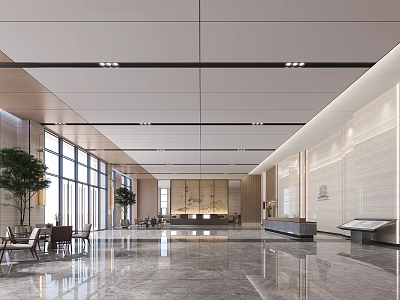 Modern Hotel Lobby Interior With Recessed Lights Large Windows Green Plants And Marble Floor 3d model