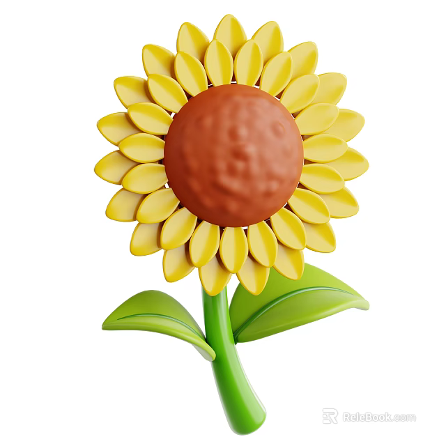 Vibrant Sunflower With Yellow Petals Brown Center Green Stem And Leaves 3d model 