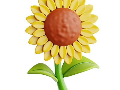 Vibrant Sunflower With Yellow Petals Brown Center Green Stem And Leaves 3d model