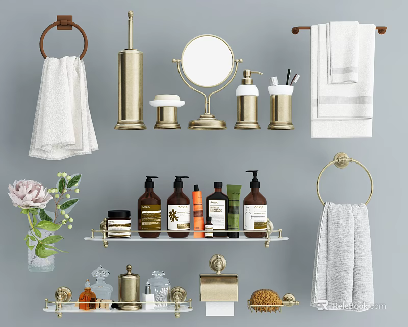 Modern Gold Bathroom Accessories Set With Towel Ring Soap Dispenser Mirror And Shelf 3d model 