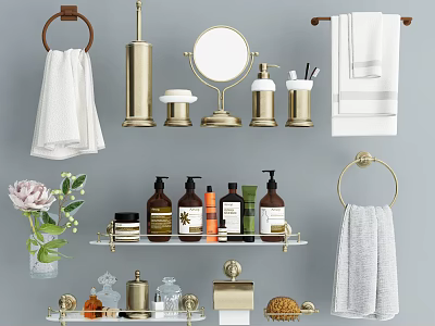 Modern Gold Bathroom Accessories Set With Towel Ring Soap Dispenser Mirror And Shelf 3d model