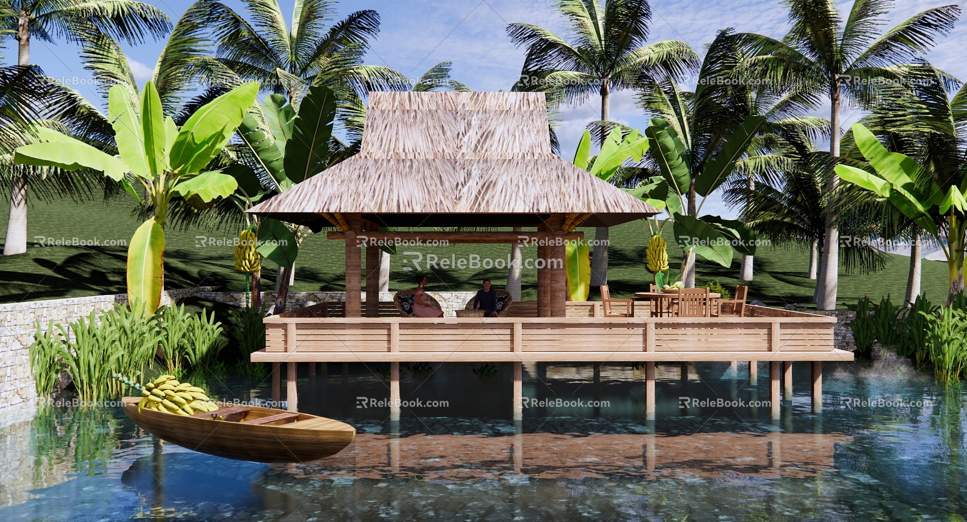 Southeast Asia Pavilion Dai-style Waterfront Park Landscape Wooden Platform Thatch Corridor Recreation Club Wooden Boat Banana Tree 3d model