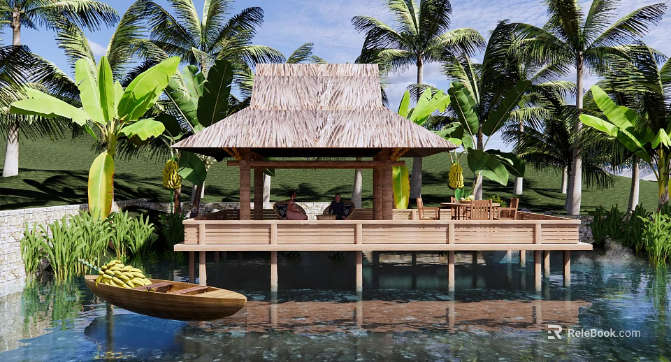 Landscape Pavilion with Thatch Roof on Wooden Deck Surrounded by Palm Trees Over Water 3d model 