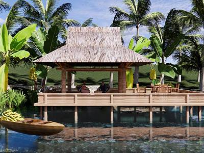 Landscape Pavilion with Thatch Roof on Wooden Deck Surrounded by Palm Trees Over Water 3d model