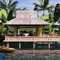 Landscape Pavilion with Thatch Roof on Wooden Deck Surrounded by Palm Trees Over Water