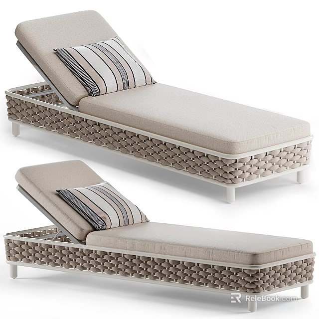 Wicker Sofa Bench With Padded Seat Striped Cushion And Adjustable Backrest 3d model
