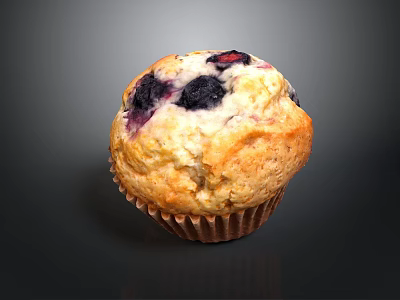 Homemade Style Golden Fluffy Blueberry Muffin With Fresh Blueberries And Paper Liner 3d model
