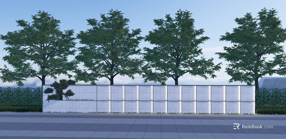 White Wall With Tall Green Trees Blue Sky And Gray Tiles 3d model 