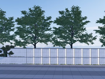 White Wall With Tall Green Trees Blue Sky And Gray Tiles 3d model