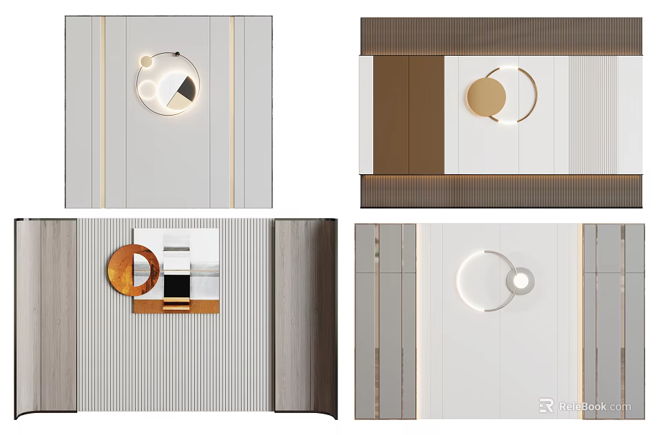 Elegant Modern Sofa Background Wall With Textured Panels And Circular Lighting 3d model