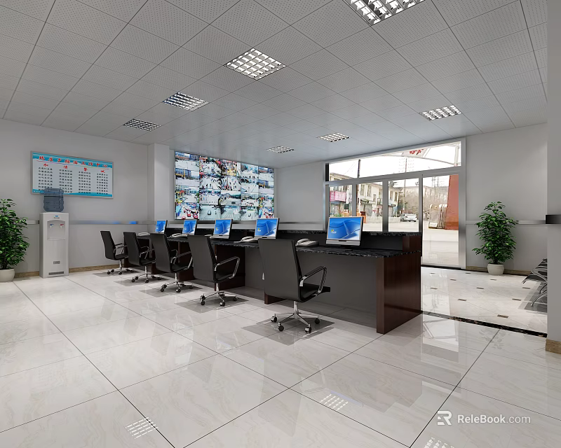 Public Office Area Interior Design With Desks Computers Office Chairs Large Windows And Potted Plants 3d model 