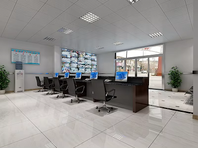 Public Office Area Interior Design With Desks Computers Office Chairs Large Windows And Potted Plants 3d model