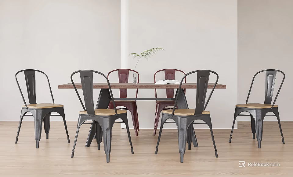 Modern Dining Table Set With Wooden Table And Black Red Metal Chairs And Small Plant 3d model 