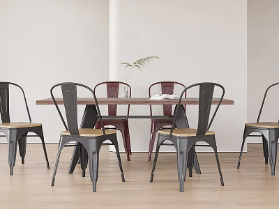 Modern Dining Table Set With Wooden Table And Black Red Metal Chairs And Small Plant 3d model