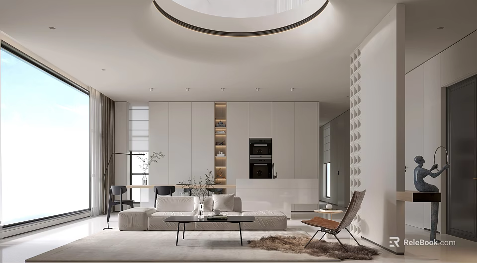 Modern Living Dining Room Interior With Sofa Dining Table Large Windows And Round Ceiling Light 3d model