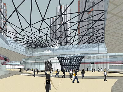 Modern Commercial Street With Geometric Roof Structure Glass Facades And Busy Pedestrians 3d model