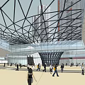 Modern Commercial Street With Geometric Roof Structure Glass Facades And Busy Pedestrians
