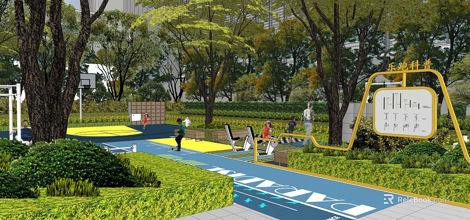 Modern Urban Garden Landscape With Blue Running Track Greenery Fitness Equipment And People Exercising 3d model 