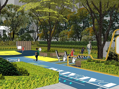 Modern Urban Garden Landscape With Blue Running Track Greenery Fitness Equipment And People Exercising 3d model