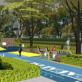 Modern Urban Garden Landscape With Blue Running Track Greenery Fitness Equipment And People Exercising