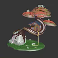 Wooden Treehouse Structure Built On Curved Tree Branch With Ladder And Rock Base