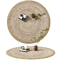 Woven Round Carpet Featuring Books Cup Bamboo Plant And Clock