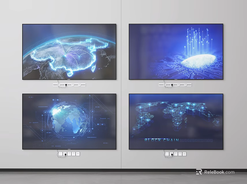 Four TV Screens Forming Video Wall With Blue Tech Themed Visuals Earth Data Network 3d model 