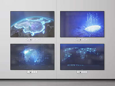 Four TV Screens Forming Video Wall With Blue Tech Themed Visuals Earth Data Network 3d model