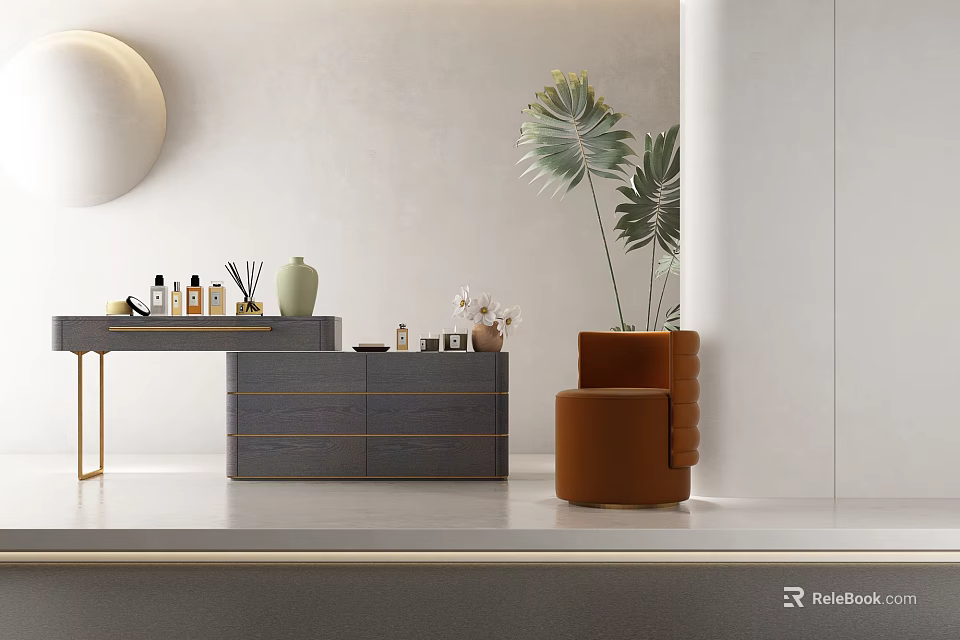 Elegant Modern Dressing Table Interior With Gray Cabinet Gold Legs Orange Chair And Decorative Plants 3d model 