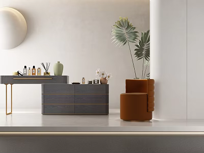 Elegant Modern Dressing Table Interior With Gray Cabinet Gold Legs Orange Chair And Decorative Plants 3d model