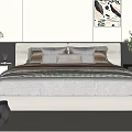 Modern Double Bed with Soft Upholstered Headboard Plush Pillows Wall Art and Area Rug