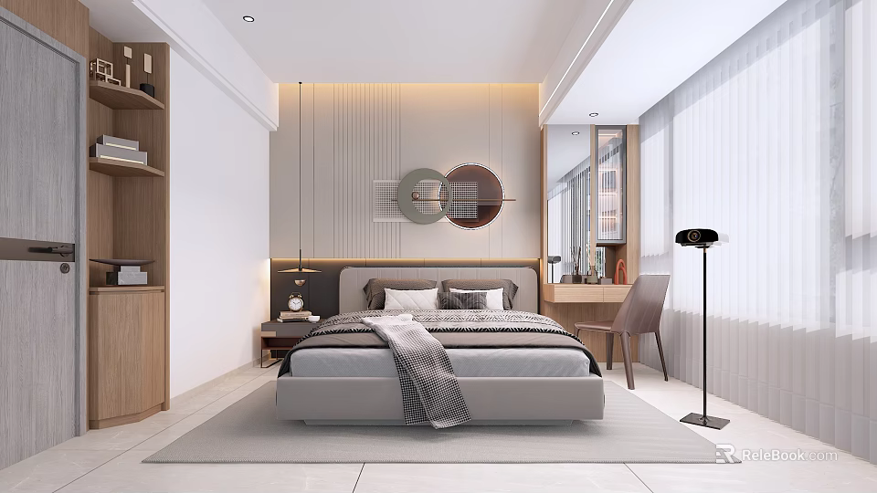 Modern Bedroom Interior With Circular Wall Art Bed Nightstand Desk Chair And Floor Lamp 3d model 