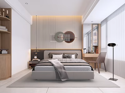 Modern Bedroom Interior With Circular Wall Art Bed Nightstand Desk Chair And Floor Lamp 3d model