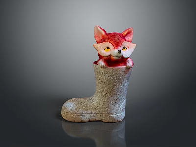 Cute Little Fox Figurine Sitting in Beige Rain Boot With FROM US Text 3d model