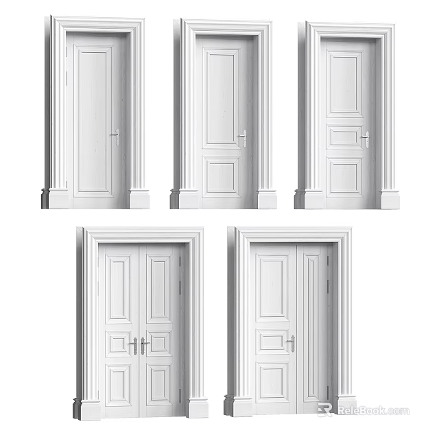 Classic White Hinged Doors Featuring Single And Double Panel Designs With Simple Frames And Handles 3d model 