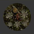 Red Skinned Figure With Antlered Head Holding Scythe On Circular Base With Fallen Leaves Plants