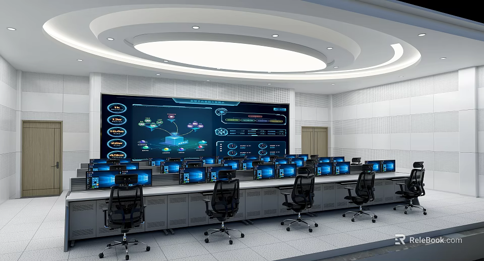 Modern Control Room Interior With Multiple Monitors Large Screen Display And Control Desks 3d model
