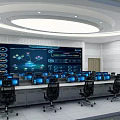 Modern Control Room Interior With Multiple Monitors Large Screen Display And Control Desks 3d model
