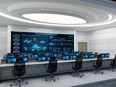 Modern Control Room Interior With Multiple Monitors Large Screen Display And Control Desks 3d model