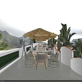 Scenic Restaurant Outdoor Terrace With Thatched Umbrella Table Chairs Green Plants And Mountain View