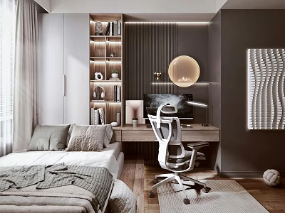 Tatami Bedroom Modern Interior Design With Cozy Bed Desk Bookshelf Ergonomic Chair And Decorative Artwork 3d model